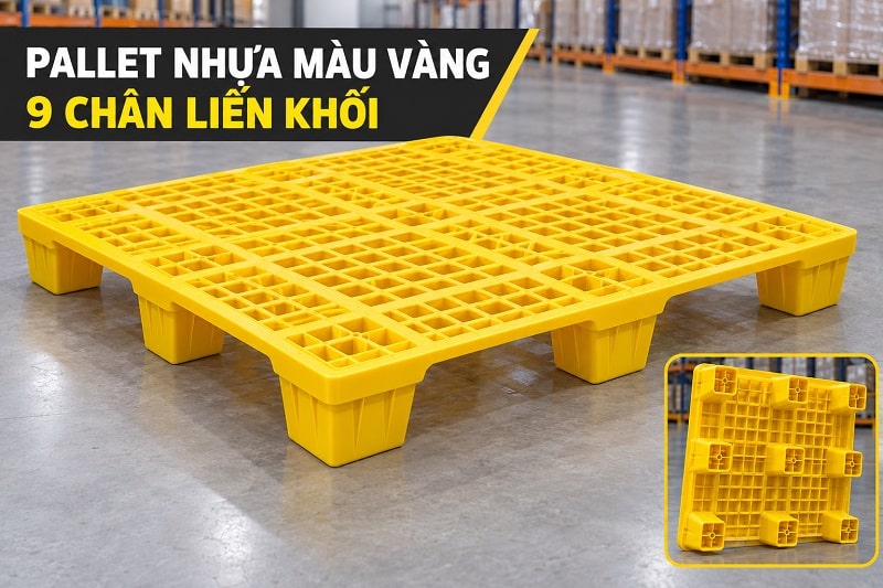 pallet nhựa màu vàng 9 chân liền khố