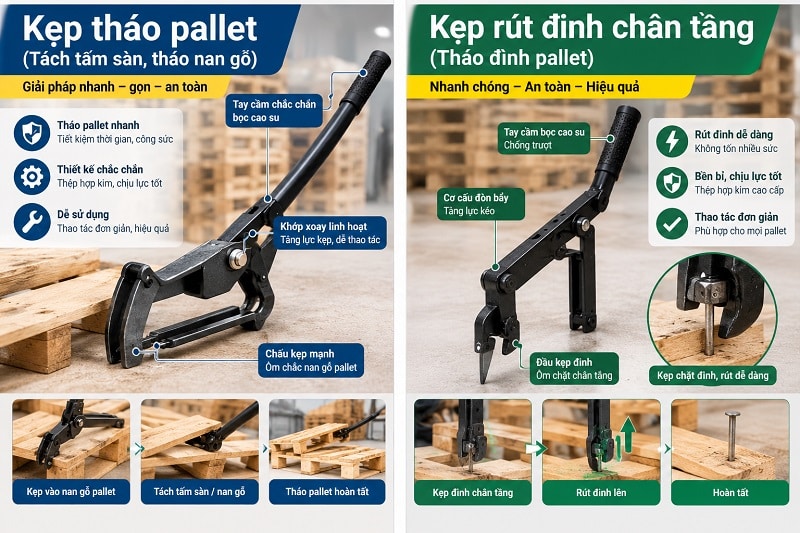 Kẹp tháo pallet và kẹp rút đinh chân tầng