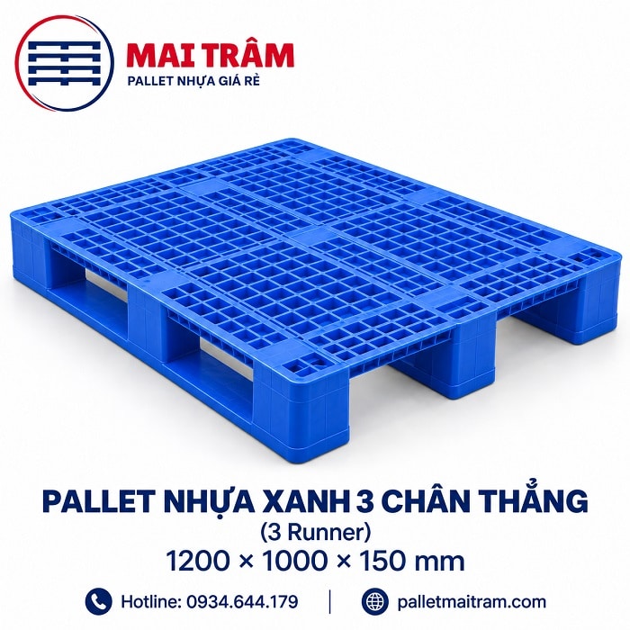 Pallet nhựa xanh 3 chân thẳng (3 Runner) 1200 × 1000 × 150 mm