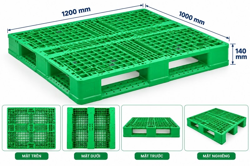 Pallet nhựa xanh lá 3 chân giằng 1200x1000x140mm