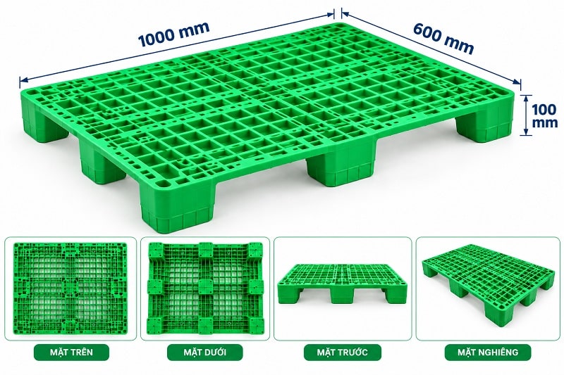 Pallet nhựa xanh lá 9 chân (Chân liền) 1000x600x100mm
