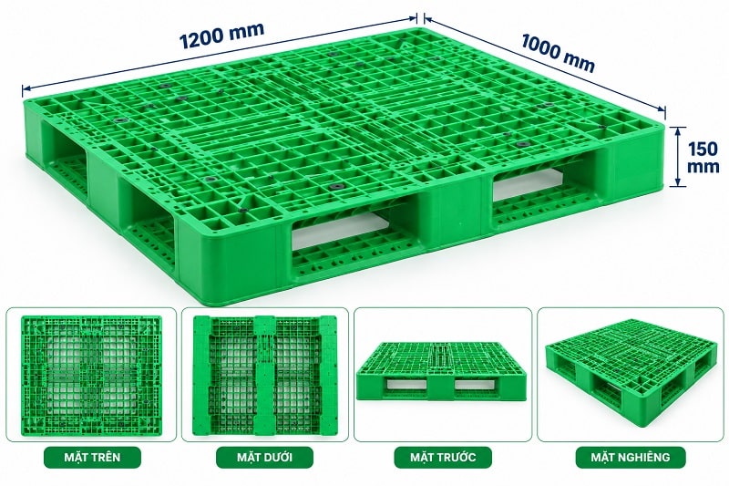 Pallet nhựa xanh lá mặt lưới 1200x1000x150mm