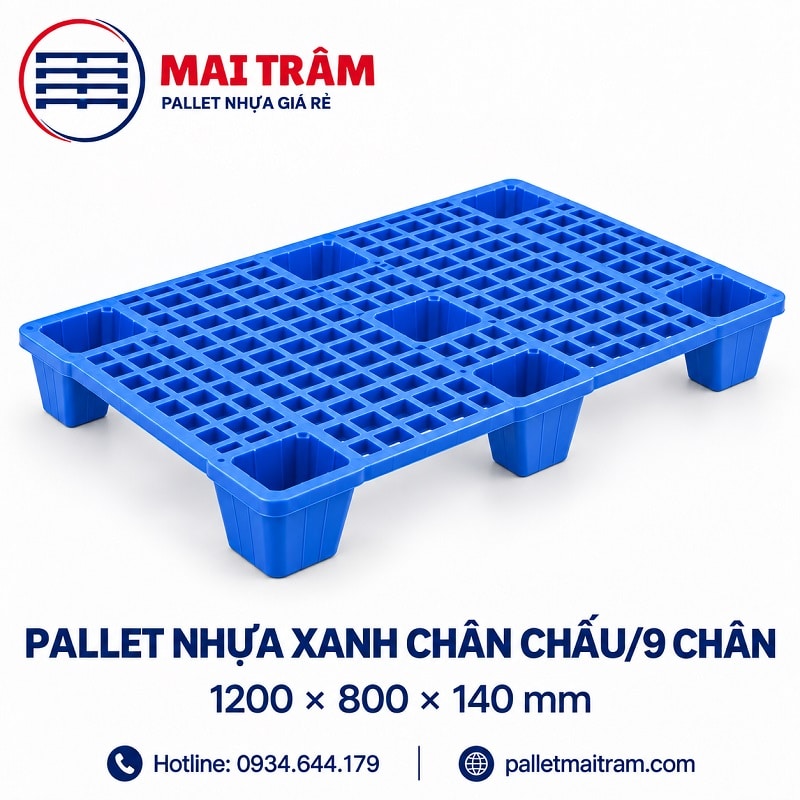 Pallet nhựa xanh liền khối 2 mặt 1100 × 1100 × 140 mm
