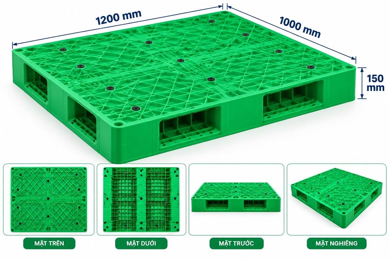pallet nhựa xanh lá liền khối 2 mặt 1200x1000x150mm