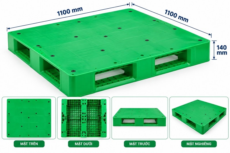 pallet nhựa xanh lá mặt kín 1100x1100x140mm